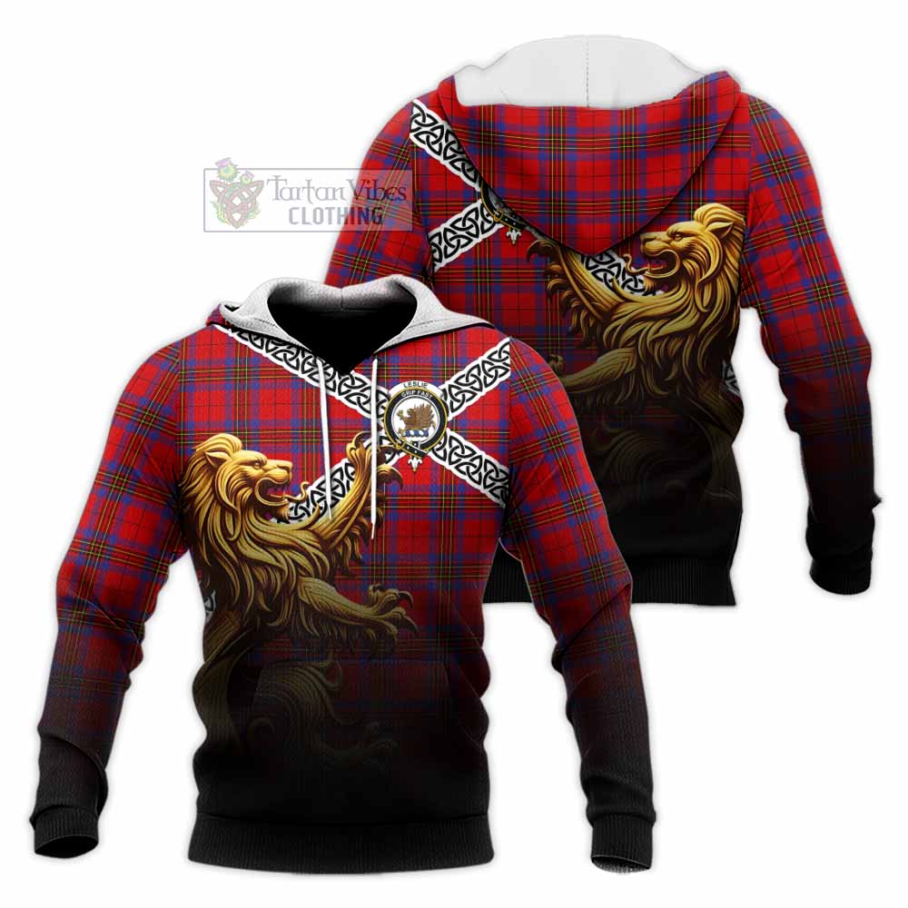 Tartan Vibes Clothing Leslie Crest Tartan Knitted Hoodie with Golden Lion Emblem Celtic Style