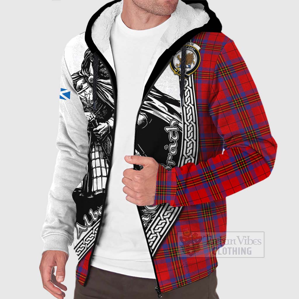 Tartan Vibes Clothing Leslie Tartan Clan Crest Sherpa Hoodie with Highlander Warrior Celtic Style