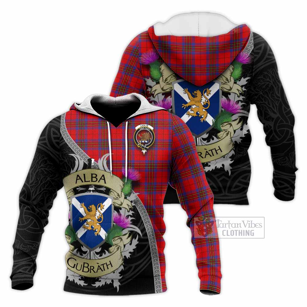 Tartan Vibes Clothing Leslie Tartan Family Crest Knitted Hoodie Lion Rampant Royal Thistle Shield Celtic Inspired
