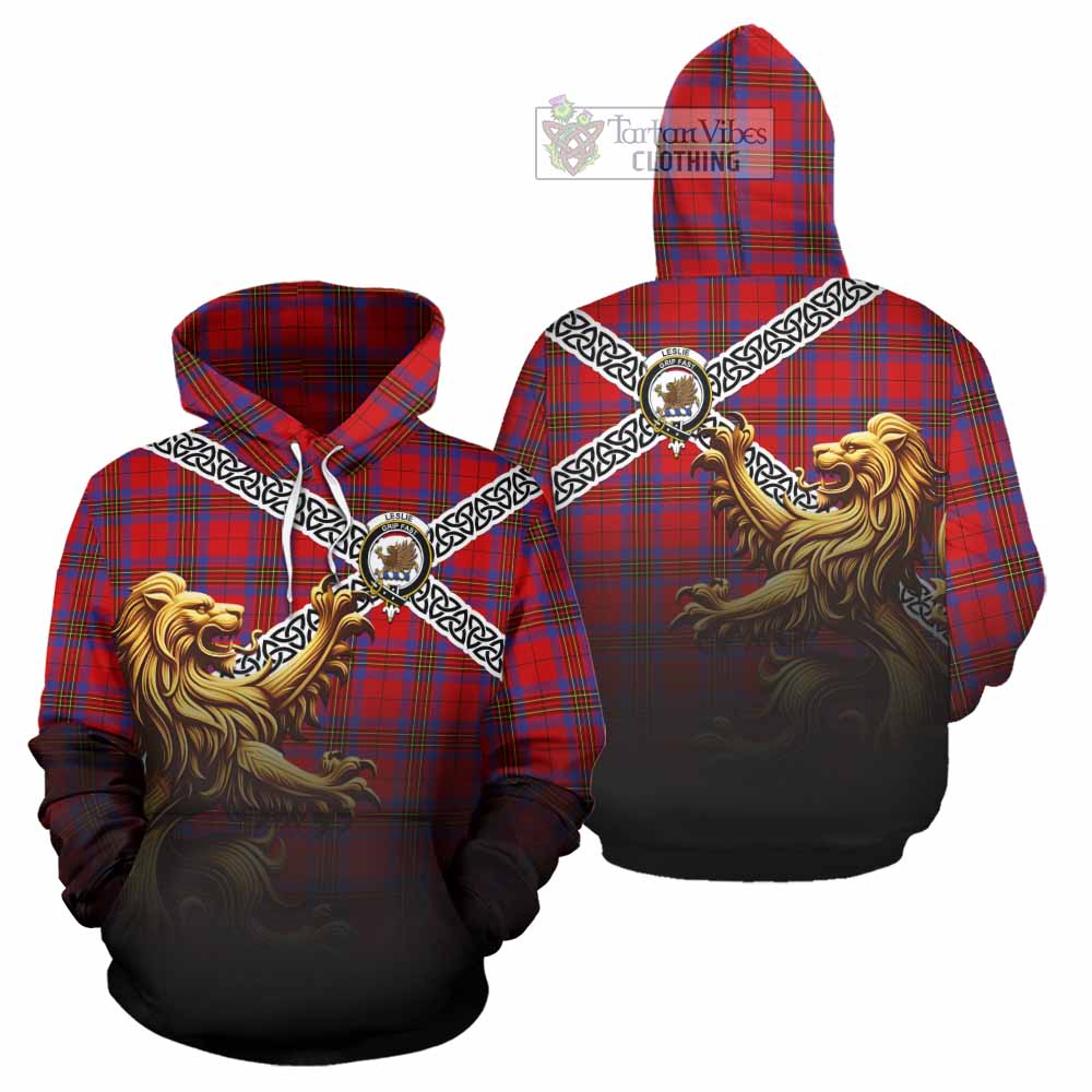 Tartan Vibes Clothing Leslie Crest Tartan Hoodie with Golden Lion Emblem Celtic Style
