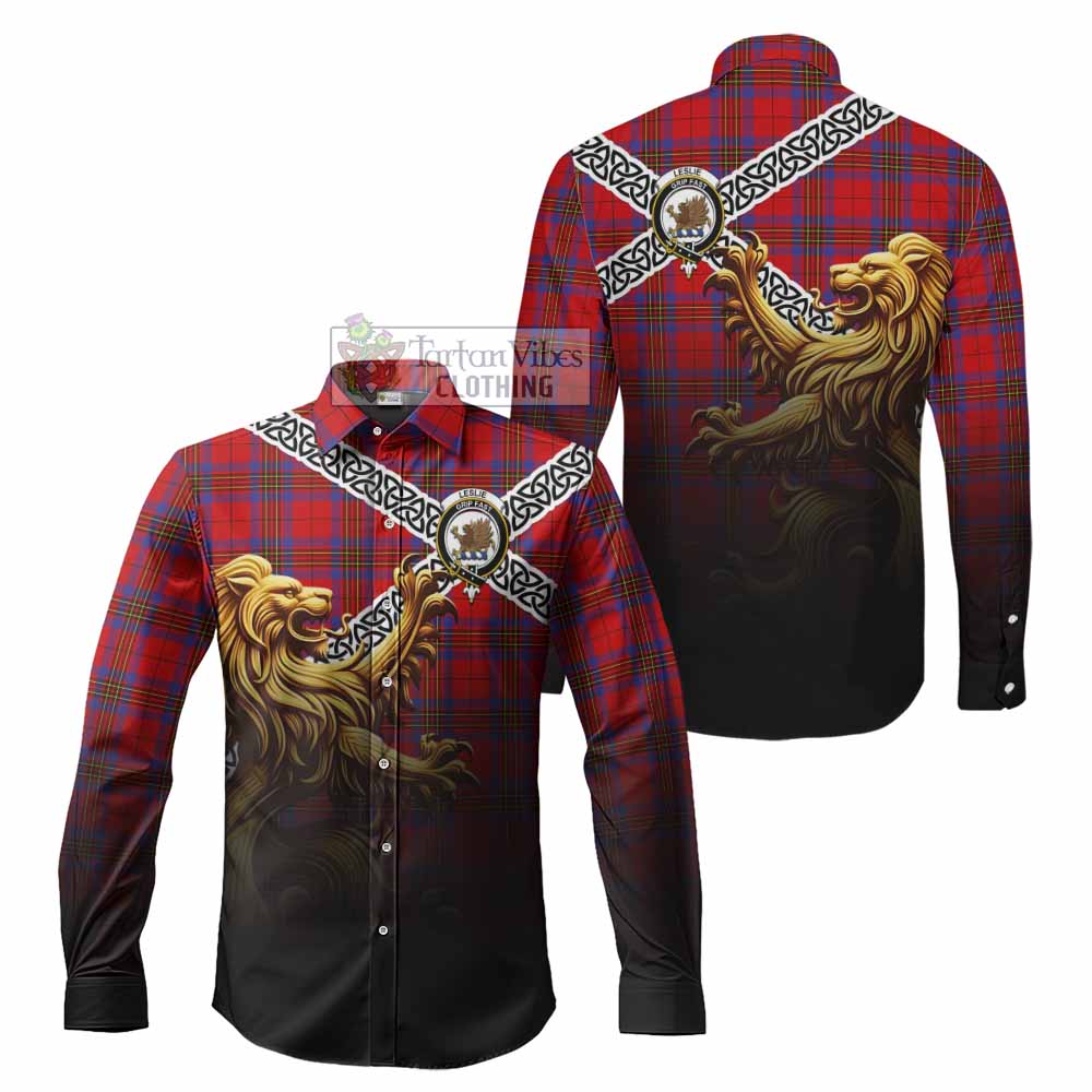 Tartan Vibes Clothing Leslie Crest Tartan Long Sleeve Button Shirt with Golden Lion Emblem Celtic Style