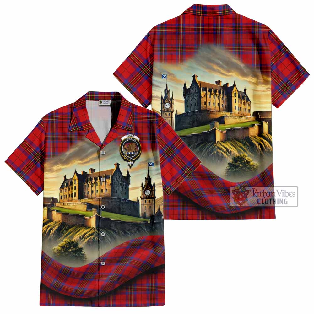 Tartan Vibes Clothing Leslie Tartan Family Crest Short Sleeve Button Shirt with Scottish Ancient Castle Style