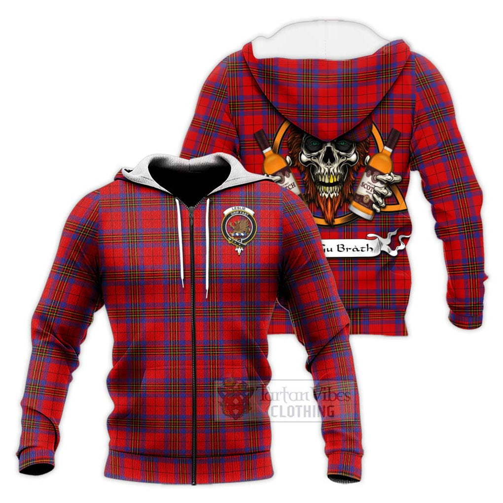 Tartan Vibes Clothing Leslie Tartan Knitted Hoodie with Family Crest and Bearded Skull Holding Bottles of Whiskey
