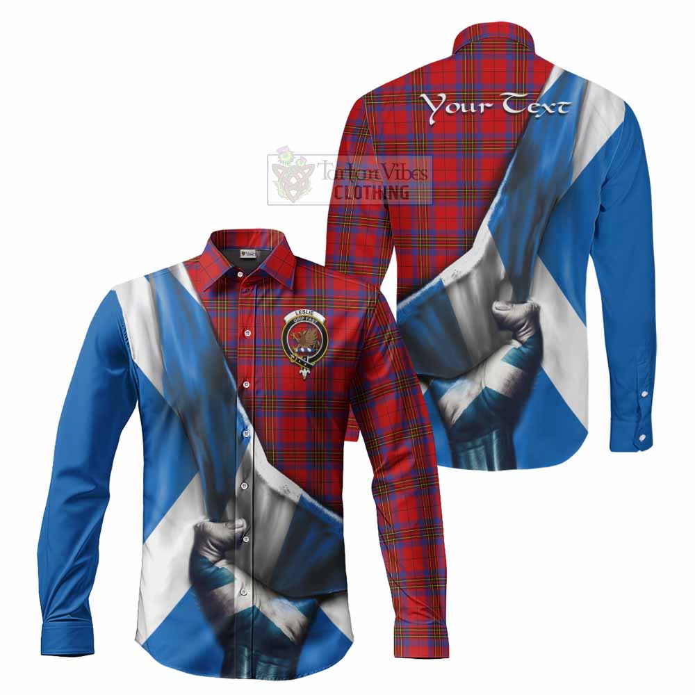 Tartan Vibes Clothing Leslie Tartan Long Sleeve Button Shirt with Family Crest Scotland Patriotic Style