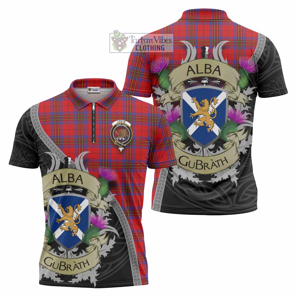 Tartan Vibes Clothing Leslie Tartan Family Crest Zipper Polo Shirt Lion Rampant Royal Thistle Shield Celtic Inspired