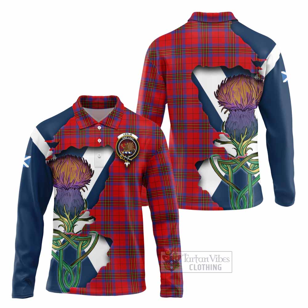 Tartan Vibes Clothing Leslie Tartan Family Crest Long Sleeve Polo Shirt Scottish Thistle Celtic Inspired