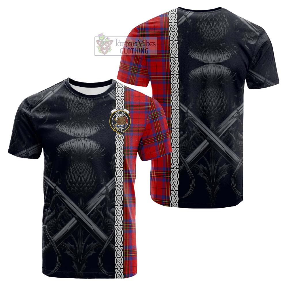 Tartan Vibes Clothing Leslie Tartan Cotton T-shirt with Family Crest Cross Sword Thistle Celtic Vibes