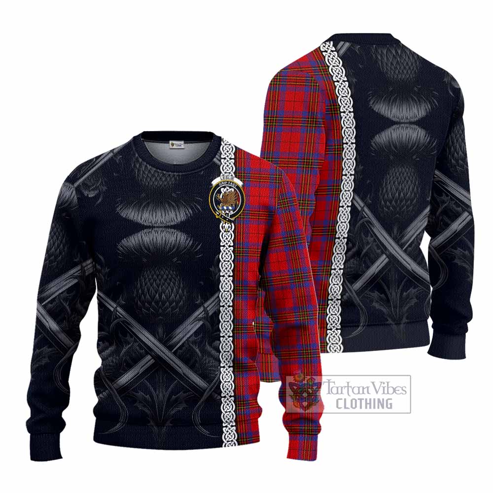 Tartan Vibes Clothing Leslie Tartan Knitted Sweater with Family Crest Cross Sword Thistle Celtic Vibes