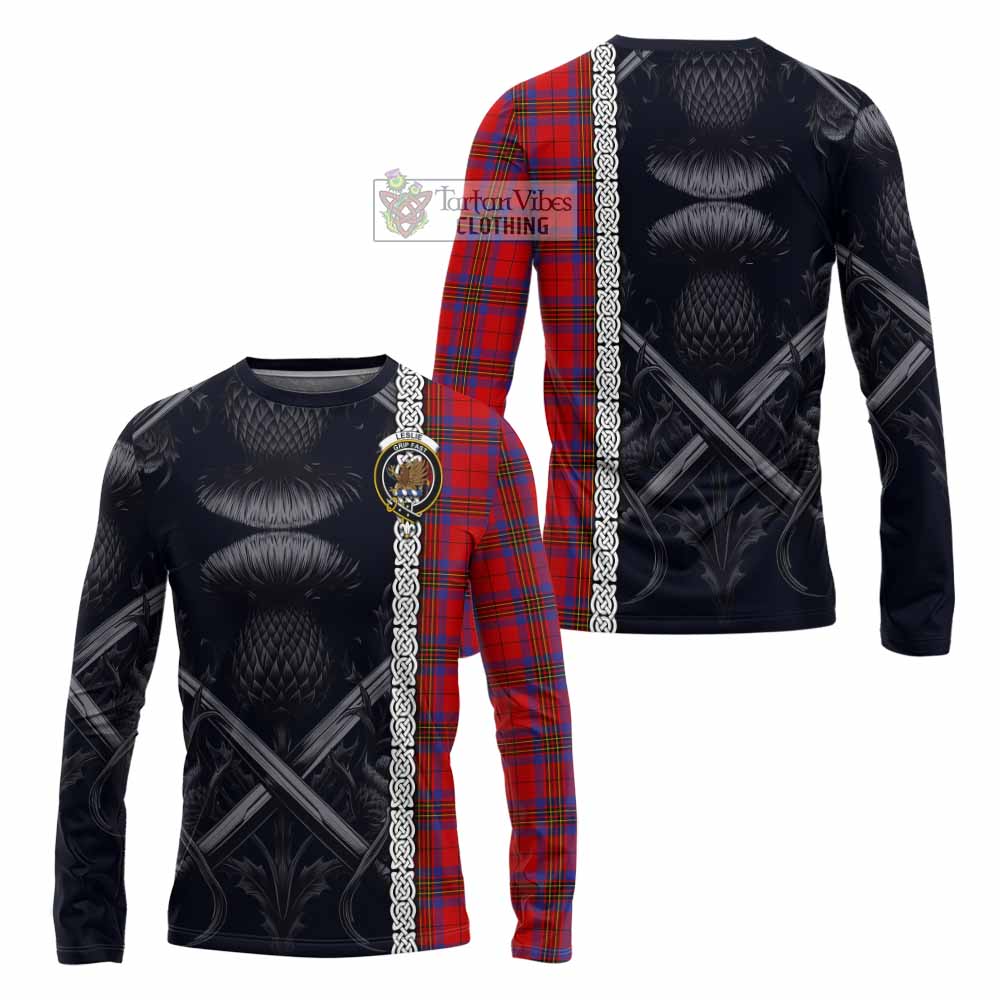 Tartan Vibes Clothing Leslie Tartan Long Sleeve T-Shirt with Family Crest Cross Sword Thistle Celtic Vibes