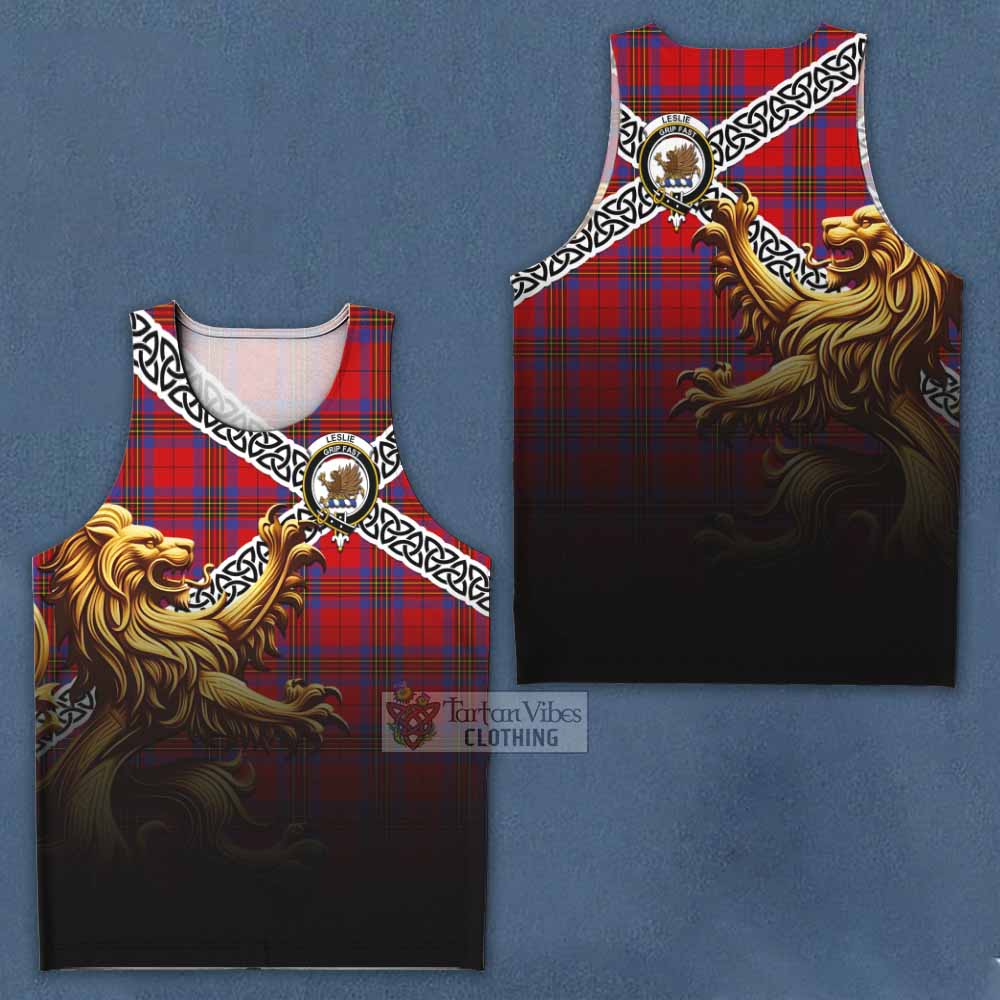 Tartan Vibes Clothing Leslie Crest Tartan Men's Tank Top with Golden Lion Emblem Celtic Style