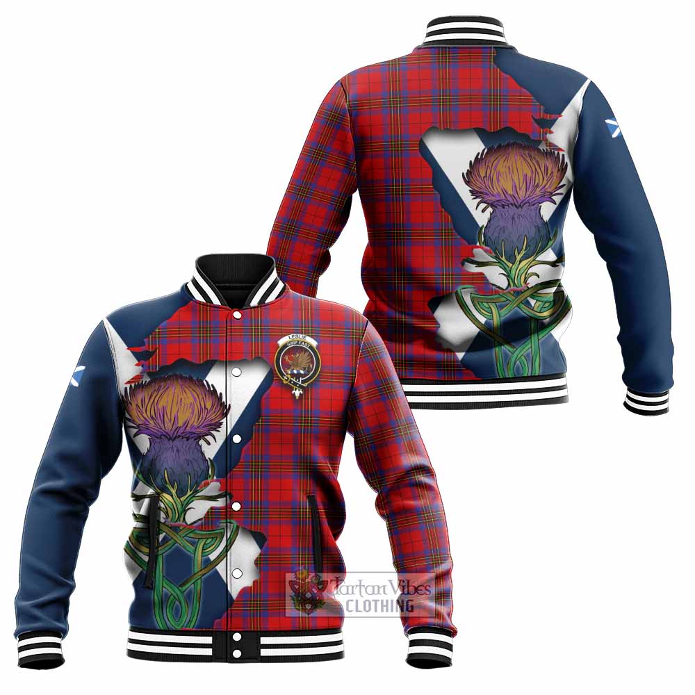Tartan Vibes Clothing Leslie Tartan Family Crest Baseball Jacket Scottish Thistle Celtic Inspired