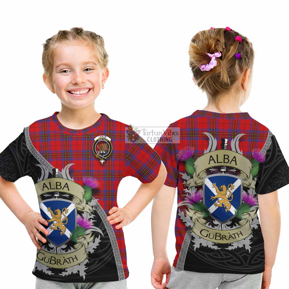 Tartan Vibes Clothing Leslie Tartan Family Crest Kid T-Shirt Lion Rampant Royal Thistle Shield Celtic Inspired