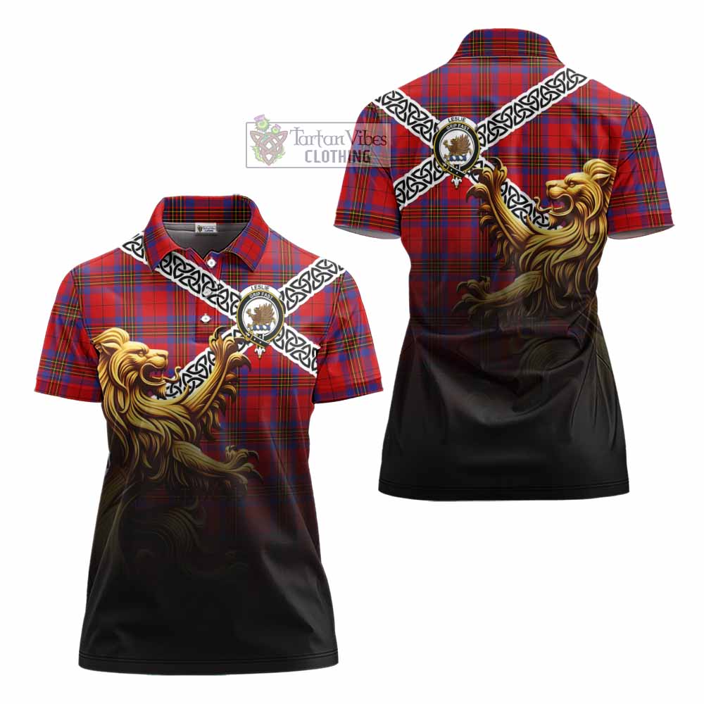 Tartan Vibes Clothing Leslie Crest Tartan Women's Polo Shirt with Golden Lion Emblem Celtic Style