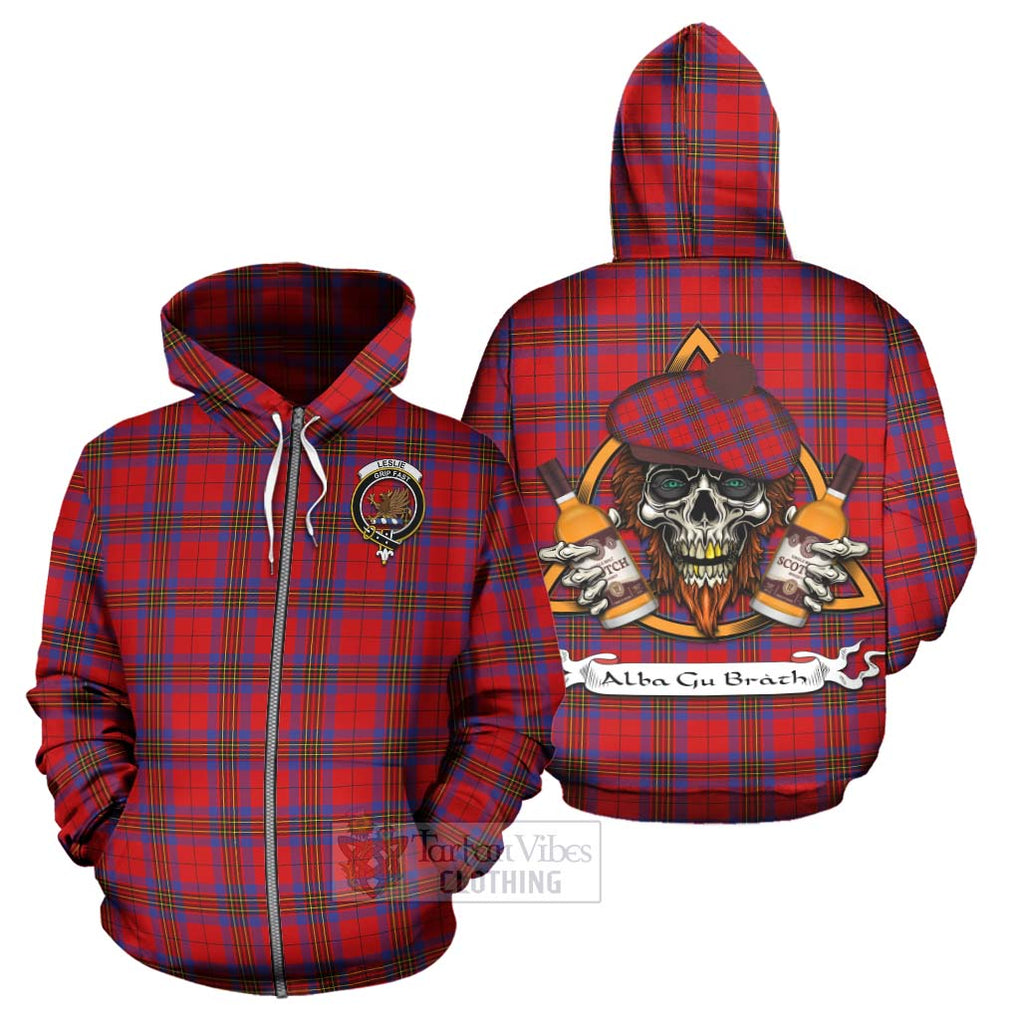 Tartan Vibes Clothing Leslie Tartan Hoodie with Family Crest and Bearded Skull Holding Bottles of Whiskey