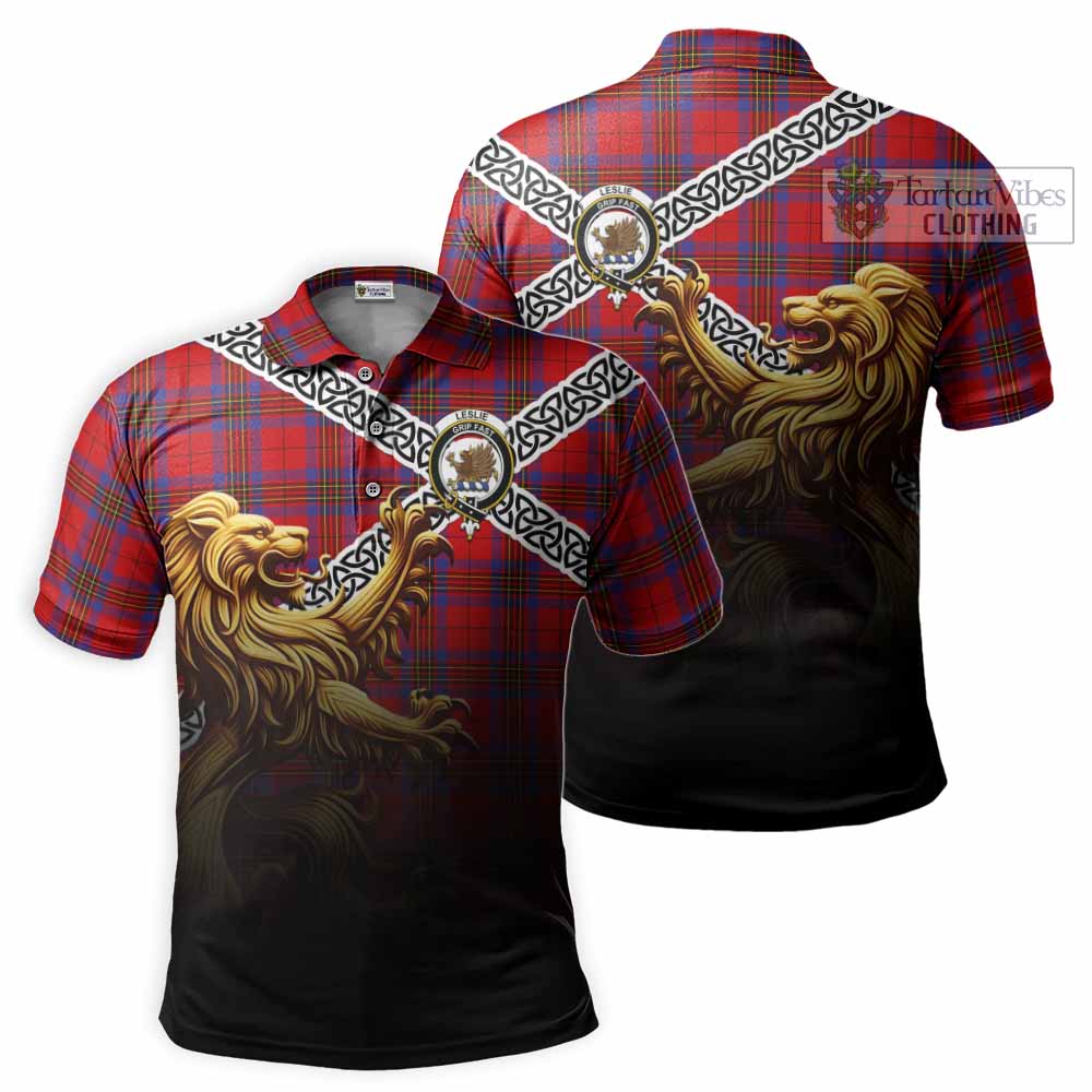 Tartan Vibes Clothing Leslie Crest Tartan Polo Shirt with Golden Lion Emblem Celtic Style