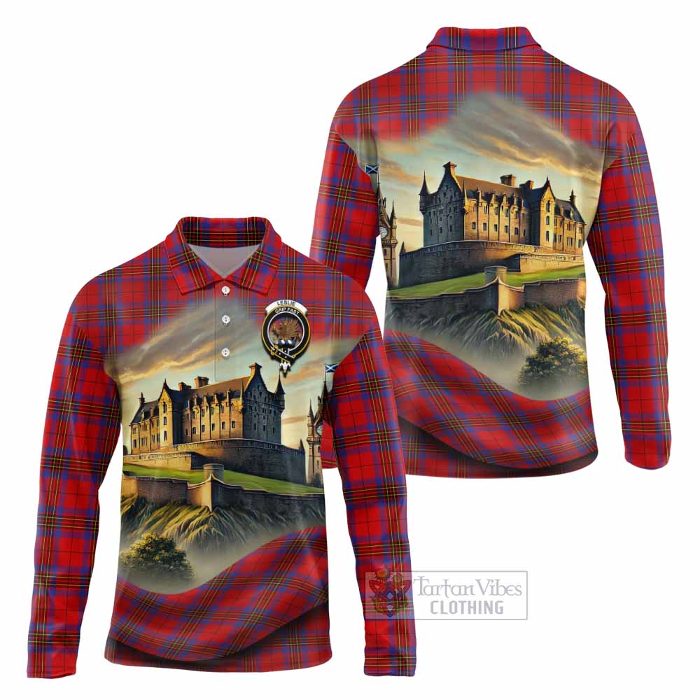Tartan Vibes Clothing Leslie Tartan Family Crest Long Sleeve Polo Shirt with Scottish Ancient Castle Style