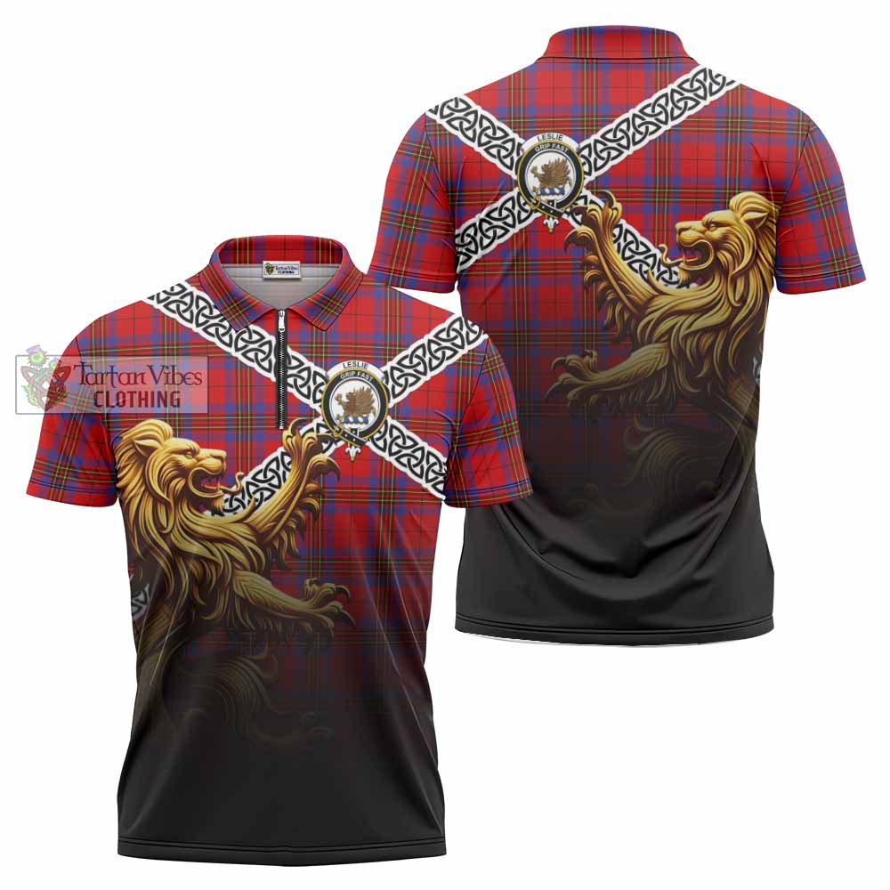 Tartan Vibes Clothing Leslie Crest Tartan Zipper Polo Shirt with Golden Lion Emblem Celtic Style