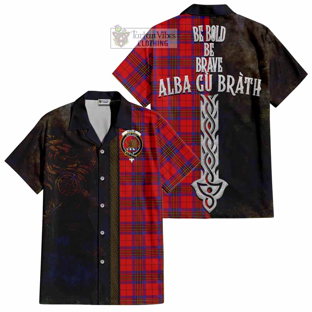 Tartan Vibes Clothing Leslie Tartan Family Crest Short Sleeve Button Shirt Alba Gu Brath Be Brave Lion Ancient Style