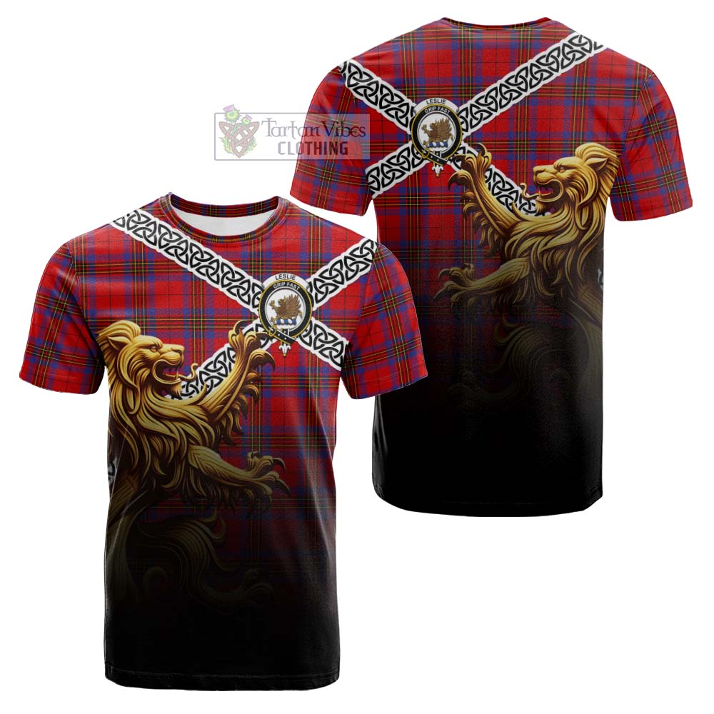 Tartan Vibes Clothing Leslie Crest Tartan Cotton T-shirt with Golden Lion Emblem Celtic Style