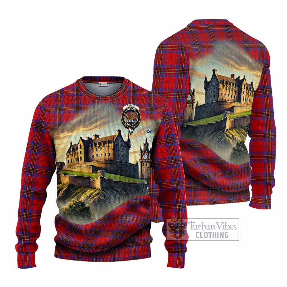 Tartan Vibes Clothing Leslie Tartan Family Crest Knitted Sweater with Scottish Ancient Castle Style