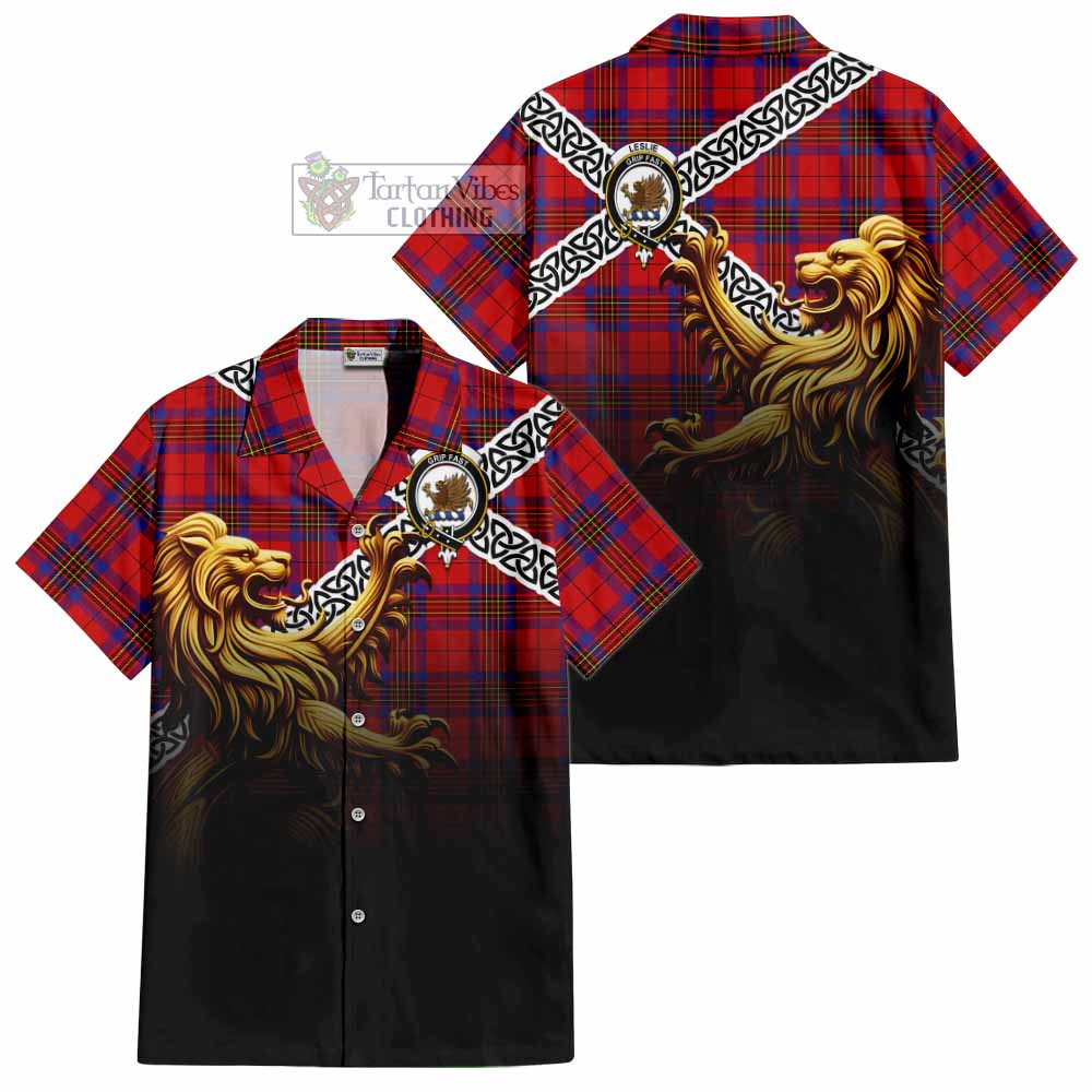 Tartan Vibes Clothing Leslie Crest Tartan Short Sleeve Button Shirt with Golden Lion Emblem Celtic Style