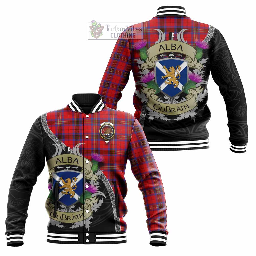 Tartan Vibes Clothing Leslie Tartan Family Crest Baseball Jacket Lion Rampant Royal Thistle Shield Celtic Inspired