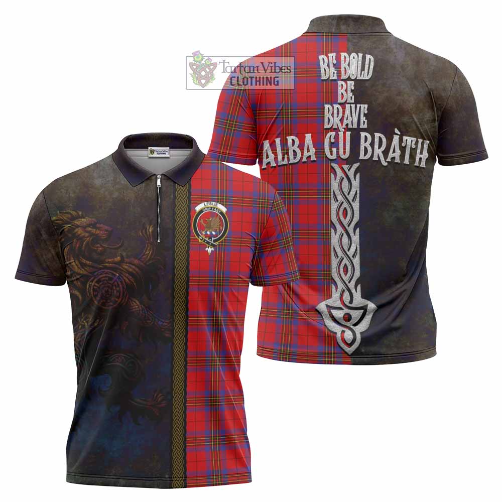 Tartan Vibes Clothing Leslie Tartan Family Crest Zipper Polo Shirt Alba Gu Brath Be Brave Lion Ancient Style