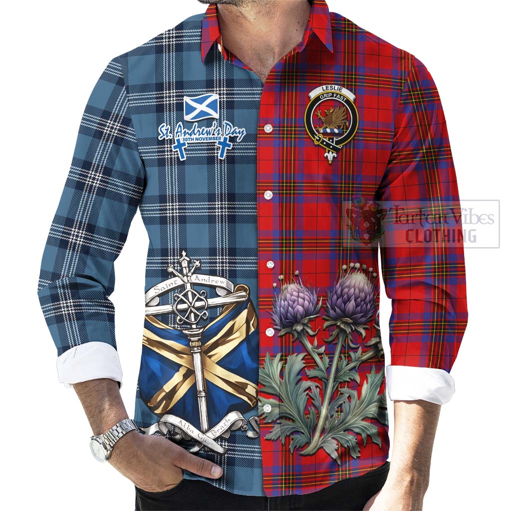 Tartan Vibes Clothing Leslie Tartan Long Sleeve Button Shirt Happy St. Andrew's Day Half Tartan Style