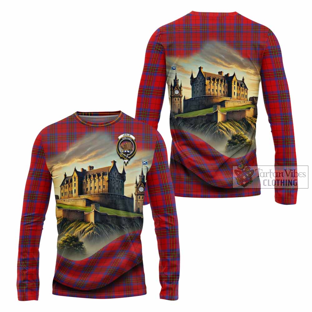 Tartan Vibes Clothing Leslie Tartan Family Crest Long Sleeve T-Shirt with Scottish Ancient Castle Style