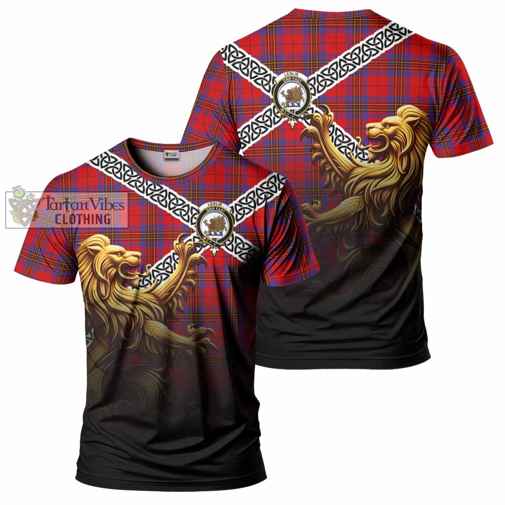Tartan Vibes Clothing Leslie Crest Tartan T-Shirt with Golden Lion Emblem Celtic Style