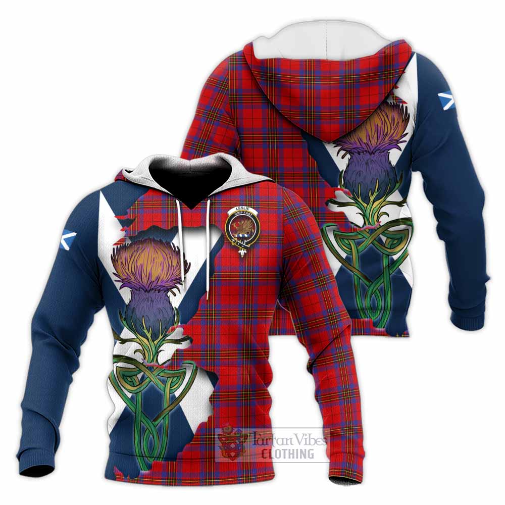 Tartan Vibes Clothing Leslie Tartan Family Crest Knitted Hoodie Scottish Thistle Celtic Inspired