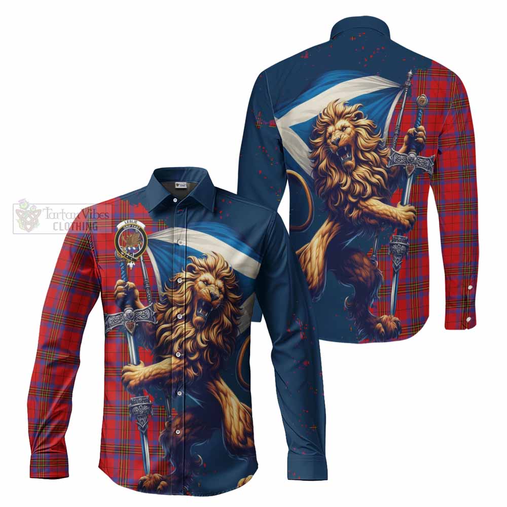 Tartan Vibes Clothing Leslie Tartan Family Crest Long Sleeve Button Shirt with Scottish Majestic Lion