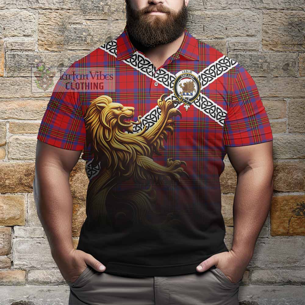 Tartan Vibes Clothing Leslie Crest Tartan Polo Shirt with Golden Lion Emblem Celtic Style