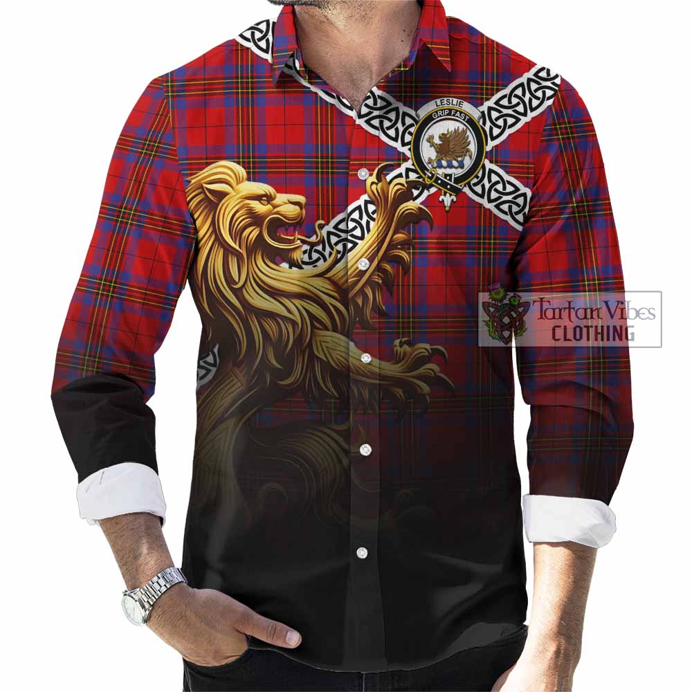 Tartan Vibes Clothing Leslie Crest Tartan Long Sleeve Button Shirt with Golden Lion Emblem Celtic Style