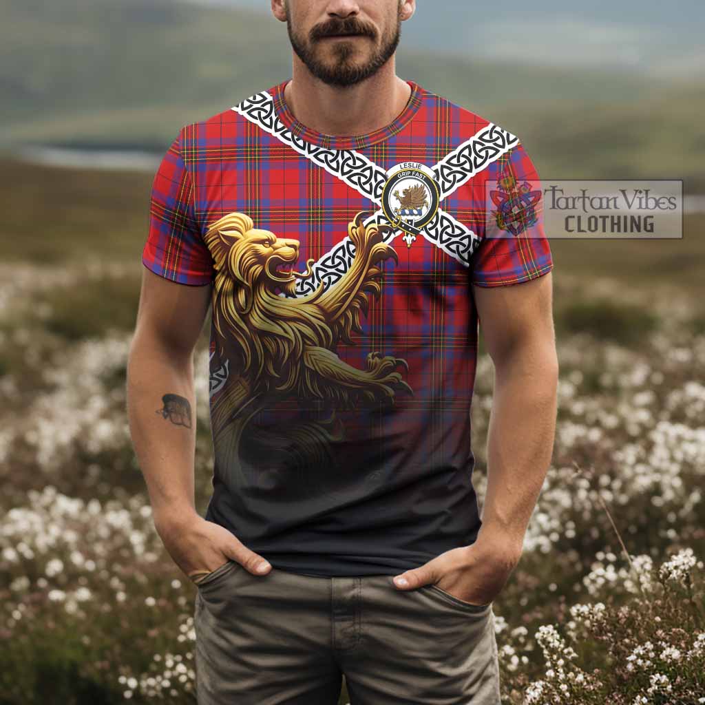 Tartan Vibes Clothing Leslie Crest Tartan T-Shirt with Golden Lion Emblem Celtic Style