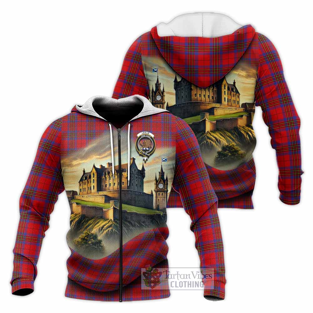Tartan Vibes Clothing Leslie Tartan Family Crest Knitted Hoodie with Scottish Ancient Castle Style