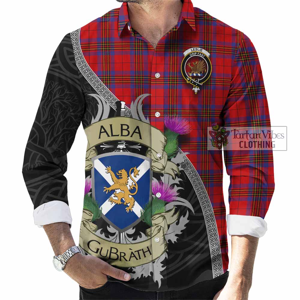 Tartan Vibes Clothing Leslie Tartan Family Crest Long Sleeve Button Shirt Lion Rampant Royal Thistle Shield Celtic Inspired