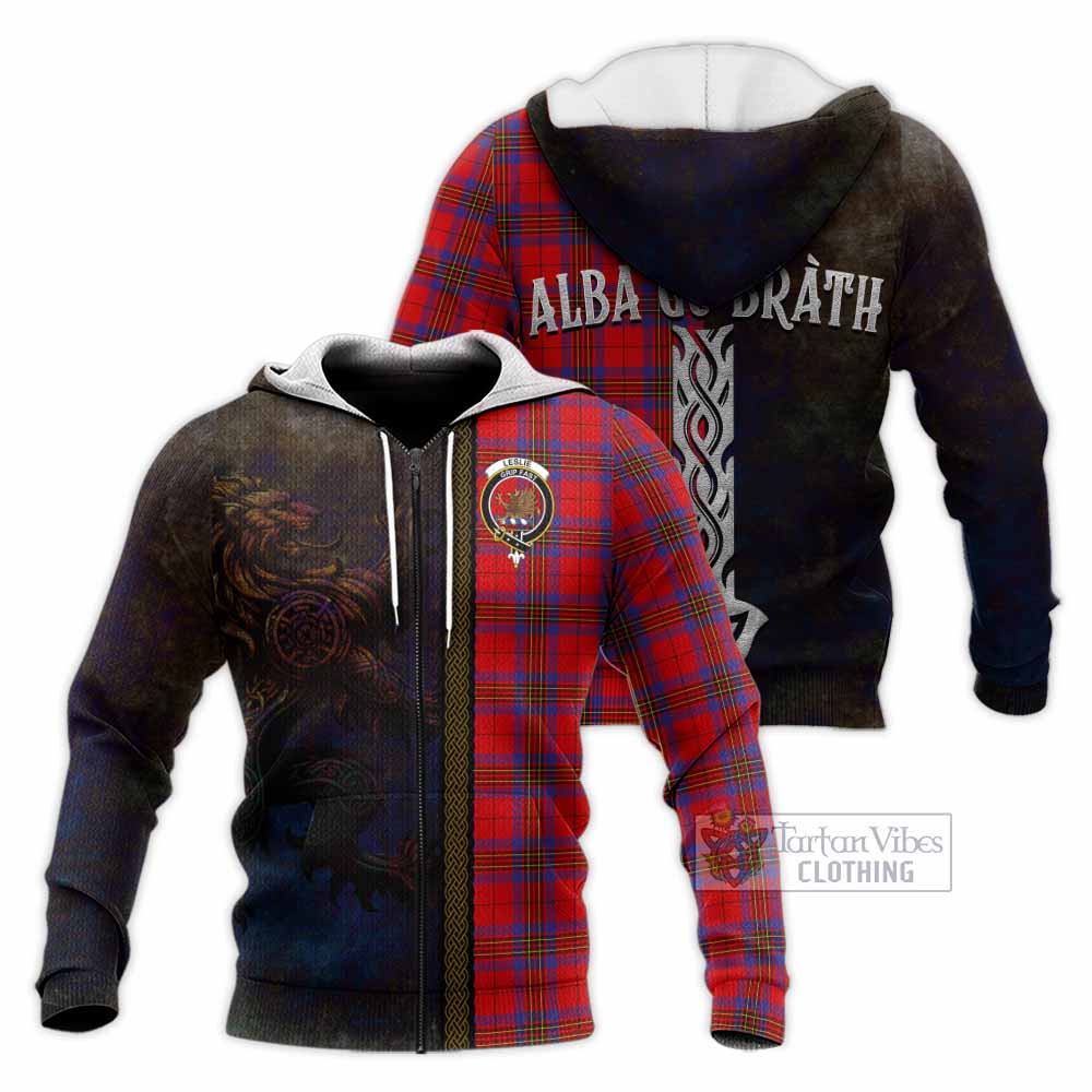 Tartan Vibes Clothing Leslie Tartan Family Crest Knitted Hoodie Alba Gu Brath Be Brave Lion Ancient Style