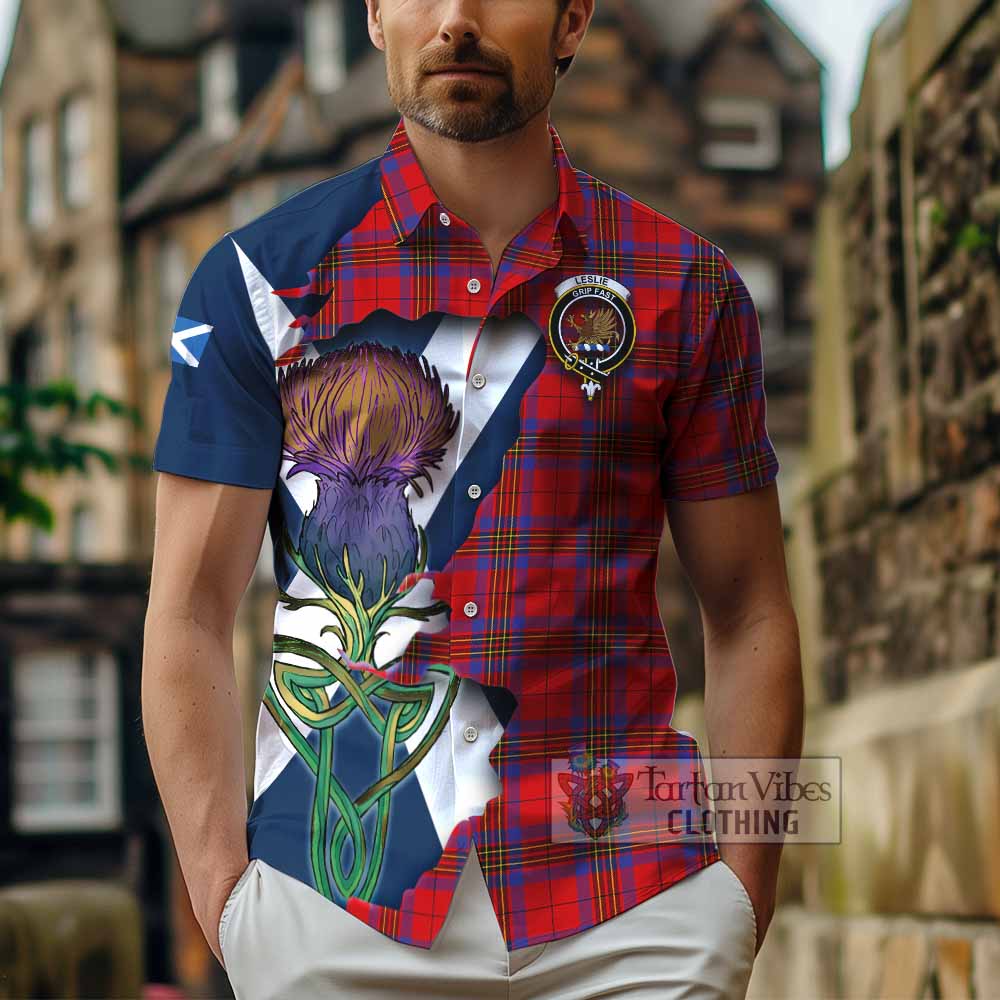 Tartan Vibes Clothing Leslie Tartan Family Crest Short Sleeve Button Shirt Scottish Thistle Celtic Inspired