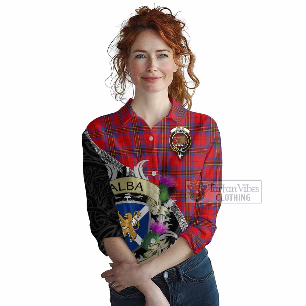 Tartan Vibes Clothing Leslie Tartan Family Crest Women's Casual Shirt Lion Rampant Royal Thistle Shield Celtic Inspired