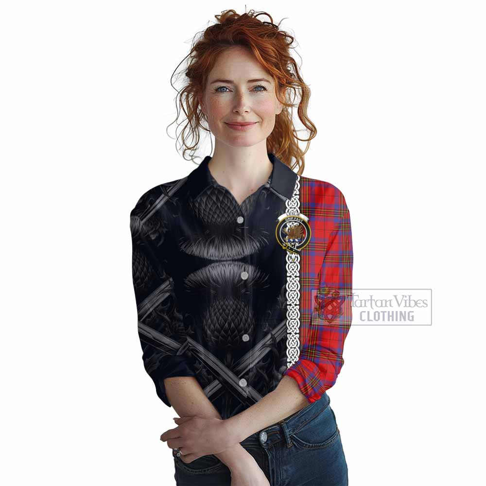 Tartan Vibes Clothing Leslie Tartan Women's Casual Shirt with Family Crest Cross Sword Thistle Celtic Vibes