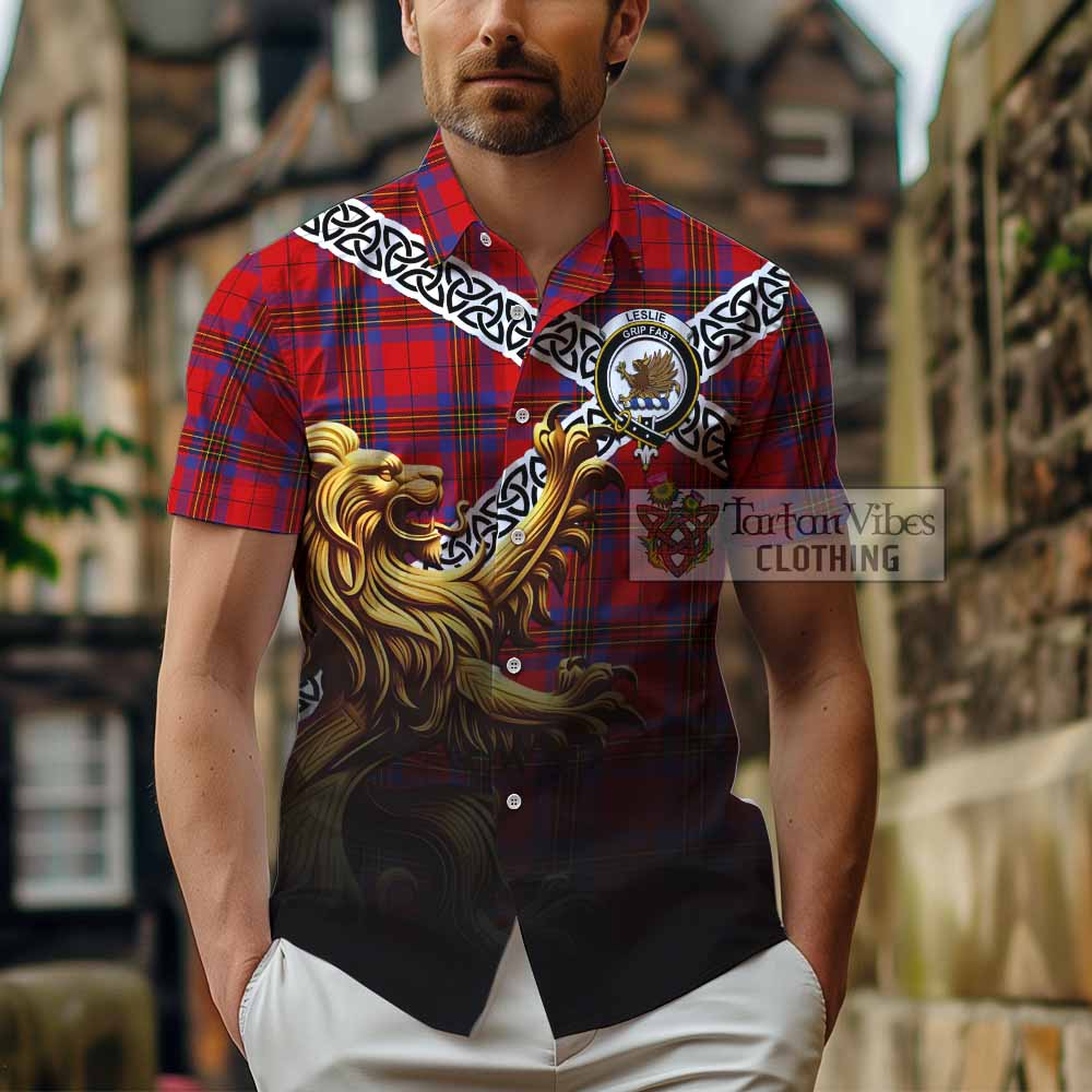 Tartan Vibes Clothing Leslie Crest Tartan Short Sleeve Button Shirt with Golden Lion Emblem Celtic Style