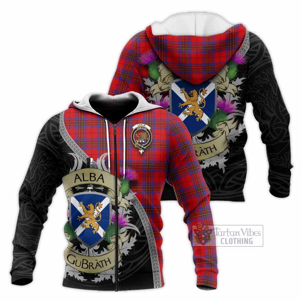 Tartan Vibes Clothing Leslie Tartan Family Crest Knitted Hoodie Lion Rampant Royal Thistle Shield Celtic Inspired