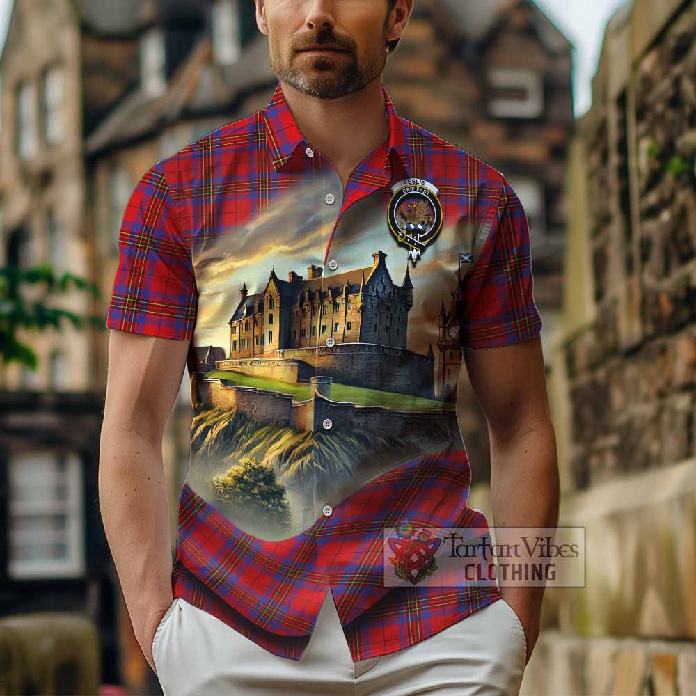 Tartan Vibes Clothing Leslie Tartan Family Crest Short Sleeve Button Shirt with Scottish Ancient Castle Style