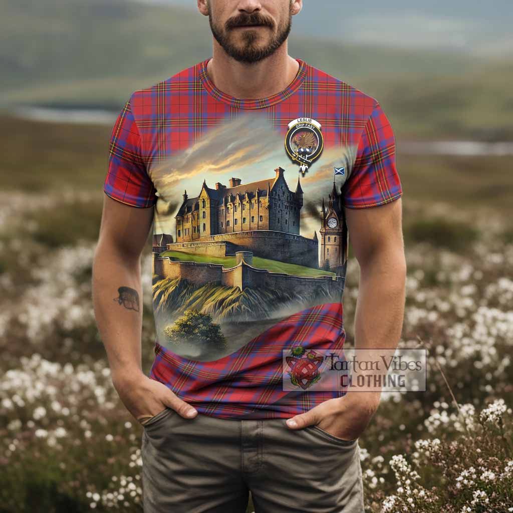 Tartan Vibes Clothing Leslie Tartan Family Crest T-Shirt with Scottish Ancient Castle Stype