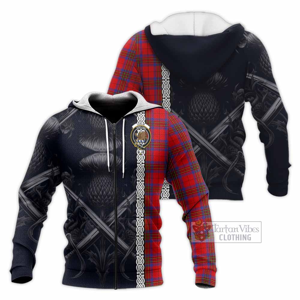 Tartan Vibes Clothing Leslie Tartan Knitted Hoodie with Family Crest Cross Sword Thistle Celtic Vibes