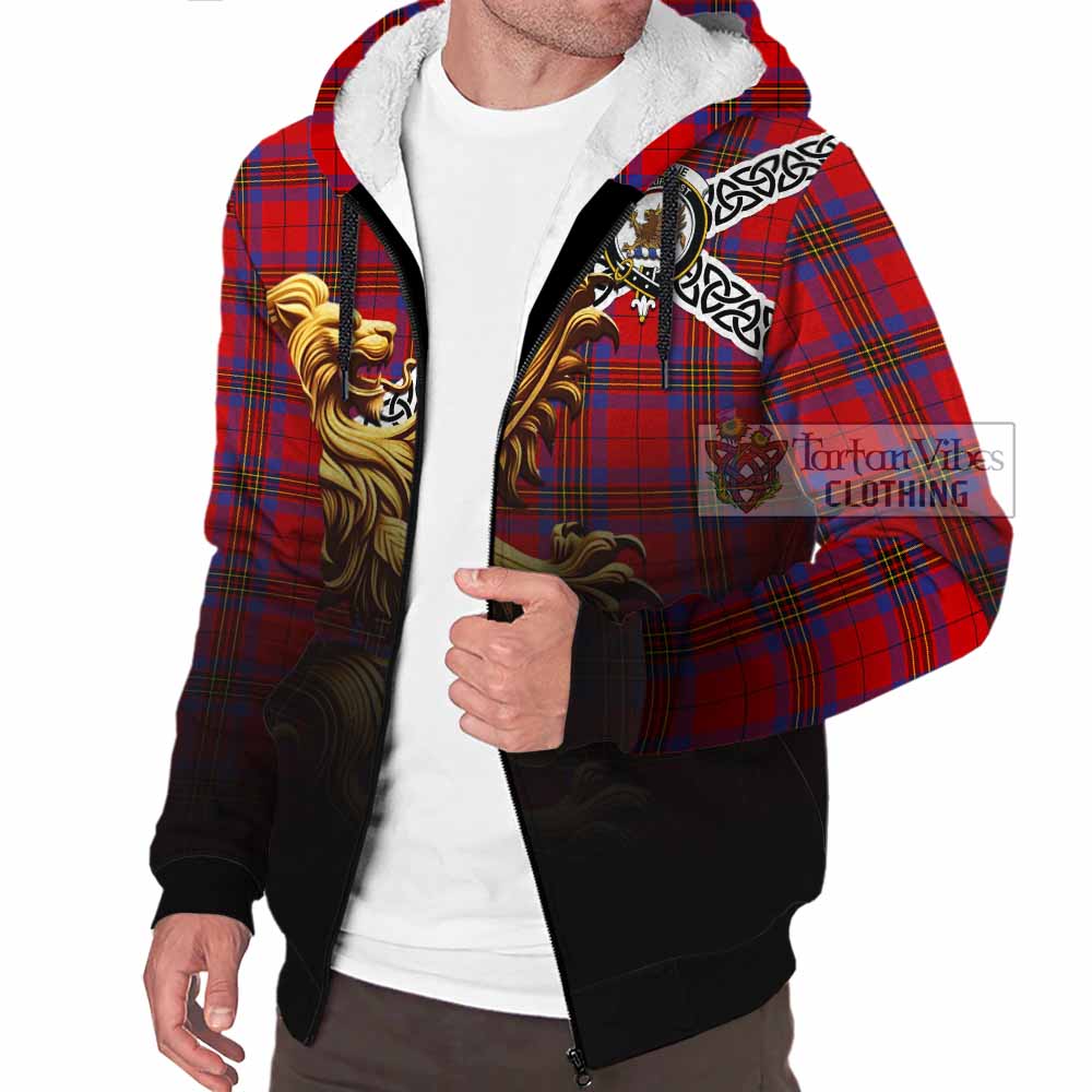 Tartan Vibes Clothing Leslie Crest Tartan Sherpa Hoodie with Golden Lion Emblem Celtic Style