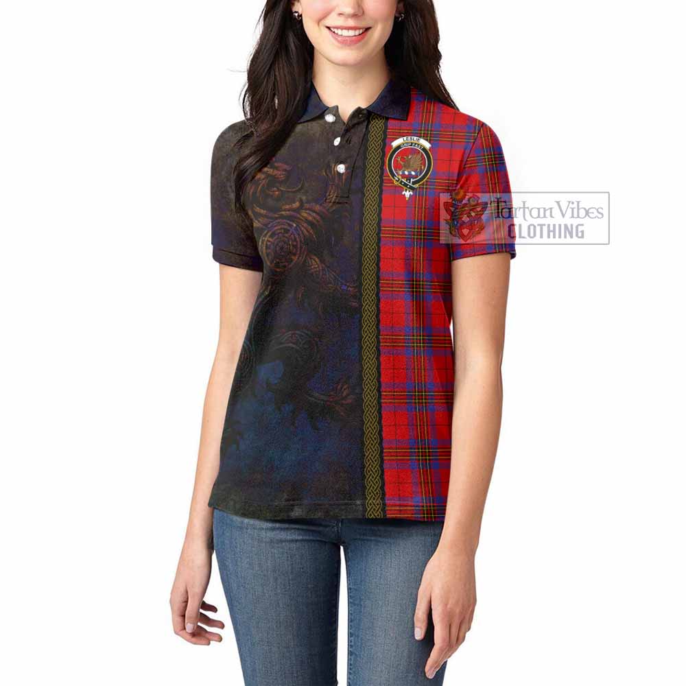 Tartan Vibes Clothing Leslie Tartan Family Crest Women's Polo Shirt Alba Gu Brath Be Brave Lion Ancient Style