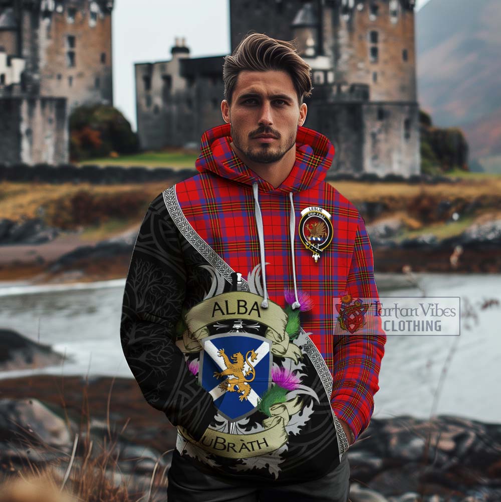 Tartan Vibes Clothing Leslie Tartan Family Crest Cotton Hoodie Lion Rampant Royal Thistle Shield Celtic Inspired