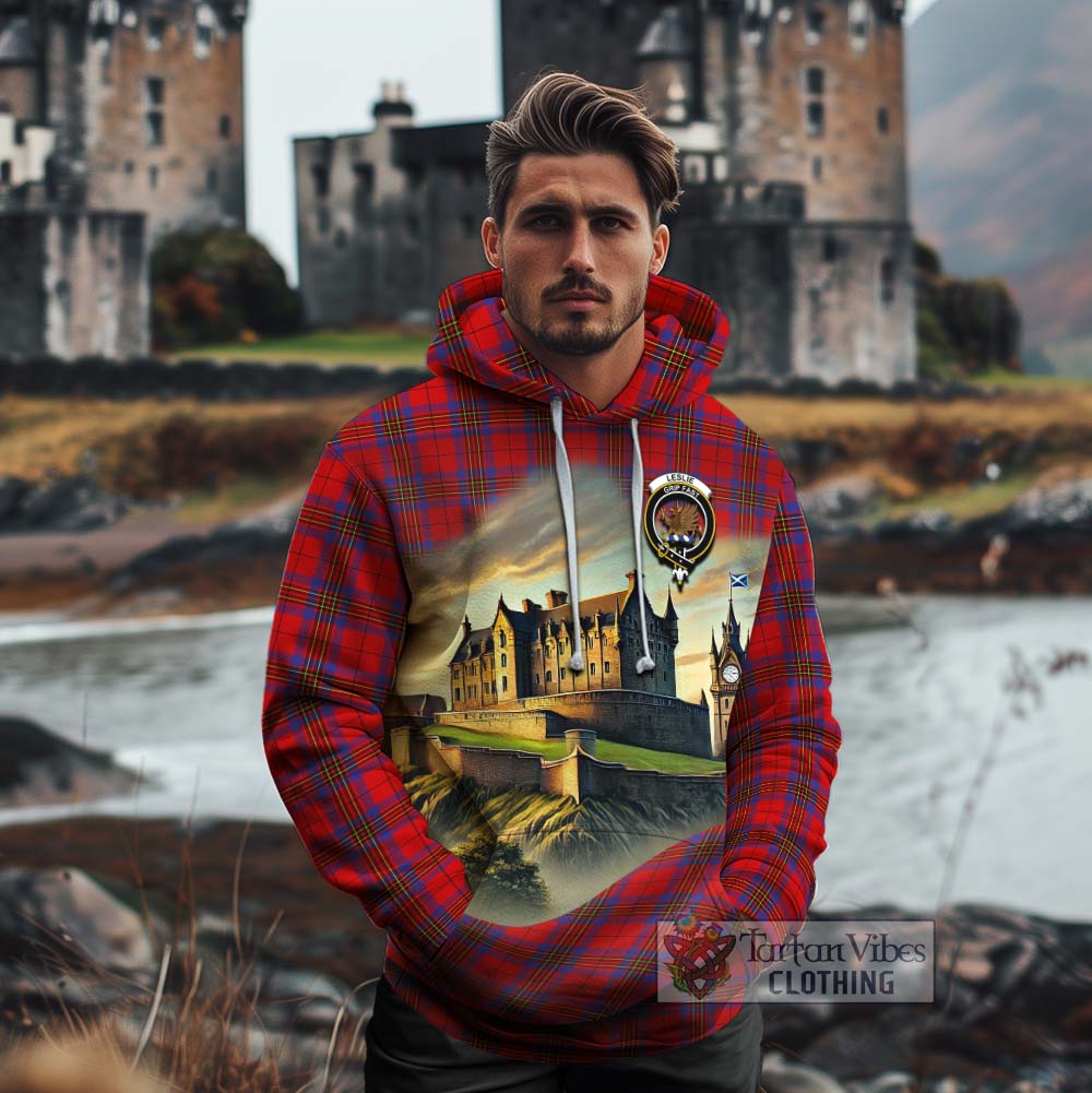 Tartan Vibes Clothing Leslie Tartan Family Crest Cotton Hoodie with Scottish Ancient Castle Style